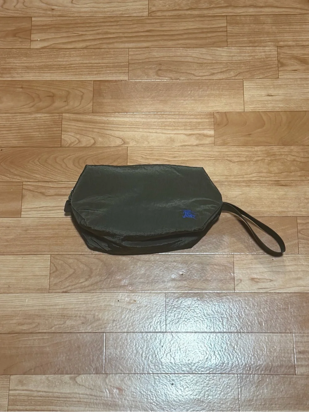 Burberry Olive Green Cosmetic Wristlet with Blue Logo Accent